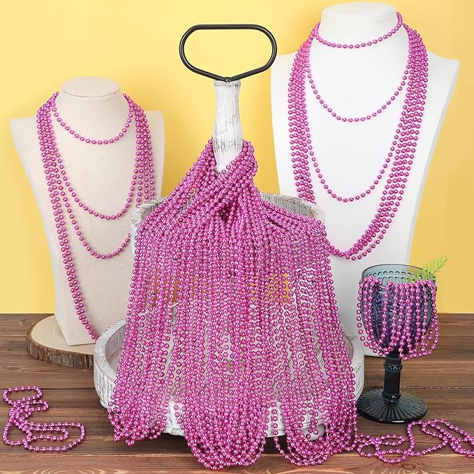240PCS Pink Beads Necklace, 33" Breast Cancer Awareness Accessories Bulk, Mardi Gras Pink Beaded Necklace, Festival Parade Throw Accessories for Wedding Birthday Gender Reveal Party Supplies