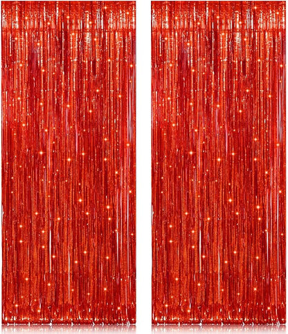 2 Pack 3.2ft x 8.2ft Red Foil Fringe Curtain, Glitter Metallic Tinsel Foil Fringe Curtains Photo Booth Backdrop Tinsel Door Curtains for Wedding Bridal Shower Bachelorette Christmas Party Decorations