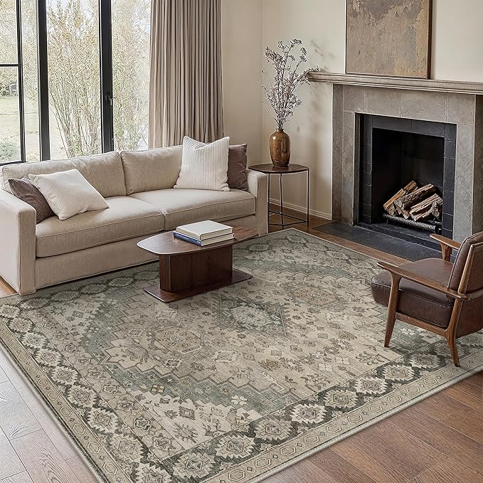 GENIMO Machine Washable 8x10 Area Rugs for Living Room, Non Slip Vintage Rugs, Low Pile Lightweight Chenille Print Rug for Bedroom, Dining Room, Home Office, Oatmeal Gray