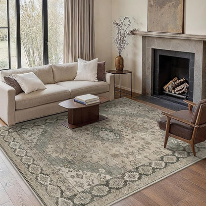 GENIMO Machine Washable 8x10 Area Rugs for Living Room, Non Slip Vintage Rugs, Low Pile Lightweight Chenille Print Rug for Bedroom, Dining Room, Home Office, Oatmeal Gray