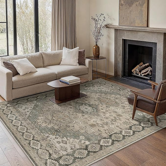 GENIMO Machine Washable 8x10 Area Rugs for Living Room, Non Slip Vintage Rugs, Low Pile Lightweight Chenille Print Rug for Bedroom, Dining Room, Home Office, Oatmeal Gray
