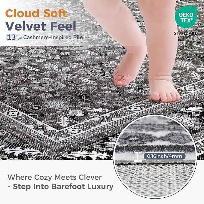 OPPODREAM Thin Vintage Black 3x6 Runner Rug, 3 x 6 Retro Washable Rug Non Slip, Low-Pile Faux Wool Carpet, Distressed Floor Mat for Kitchen, Hallway, Entry-Way, Entrance, Indoor Back Door