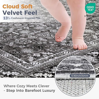 OPPODREAM Thin Vintage Black 3x6 Runner Rug, 3 x 6 Retro Washable Rug Non Slip, Low-Pile Faux Wool Carpet, Distressed Floor Mat for Kitchen, Hallway, Entry-Way, Entrance, Indoor Back Door