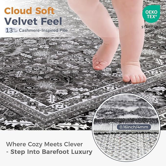 OPPODREAM Thin Vintage Black 3x10 Runner Rug, 3 x 10 Retro Washable Rug Non Slip, Low-Pile Faux Wool Carpet, Distressed Floor Mat for Kitchen, Hallway, Entry-Way, Entrance, Indoor Back Door