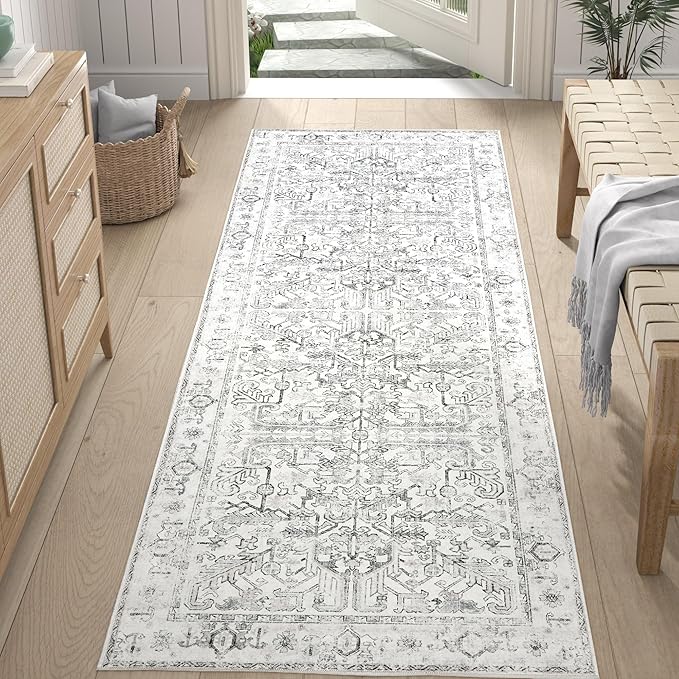 jinchan Runner Rug 2x5 - Vintage Hallway Machine Washable Rug Floral Non Slip with Rubber Backing Ultra-Thin Carpet Runner for Kitchen Bedroom Laundry Room Farmhouse Entryway (2x5ft,Grey)