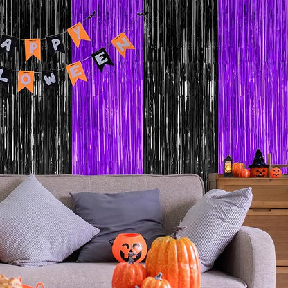 2 Pack Halloween Decor, 3.28 FT x 7.05 FT Purple and Black Foil Streamer, Metallic Fringe Curtains Tinsel Backdrop Party Streamer, Indoor Halloween Decorations Party Supplies Photo Booth Props