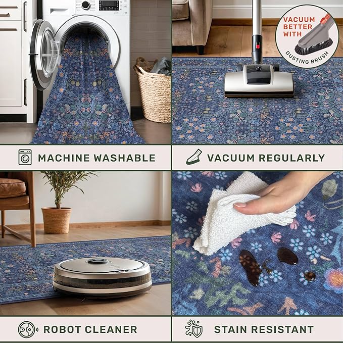 Non Slip 2x7 Dark Blue Kithen Runner Washable - Long Runner Rugs for Hallway, Bathroom, Bedroom Bedside - Dusky Navy Vintage Floral Décor