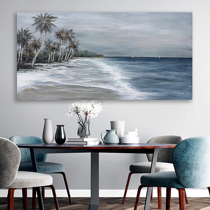 Coastal Wall Art Blue Gray Beach Wall Decor Landscape Abstract Canvas Painting Modern Ocean Artwork Framed for Living Room Bedroom Bathroom Office Decor 48"x24"Can Be Hung Directly