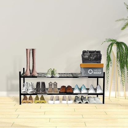 Shoe Rack For Closet, Expandable Shoes Organizer Metal Shelf Stand, 2 Tier Stackable Long Shoe Storage Holder For Floor, Entryway, Garage, Bedroom, Door Entrance For 12-18 Pairs, 45.6 inches Black
