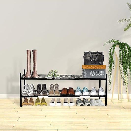 Shoe Rack For Closet, Expandable Shoes Organizer Metal Shelf Stand, 2 Tier Stackable Long Shoe Storage Holder For Floor, Entryway, Garage, Bedroom, Door Entrance For 12-18 Pairs, 45.6 inches Black