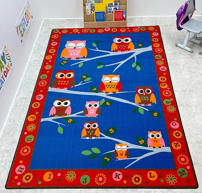 Hoot Hoot Children's Rug, 4' x 6', Multicolored Classroom Rug with Owls, Educational Classroom Rug, Kids Learning Play Mat | Area Rug for Bedroom or Playroom