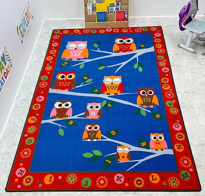 Hoot Hoot Children's Rug, 4' x 6', Multicolored Classroom Rug with Owls, Educational Classroom Rug, Kids Learning Play Mat | Area Rug for Bedroom or Playroom