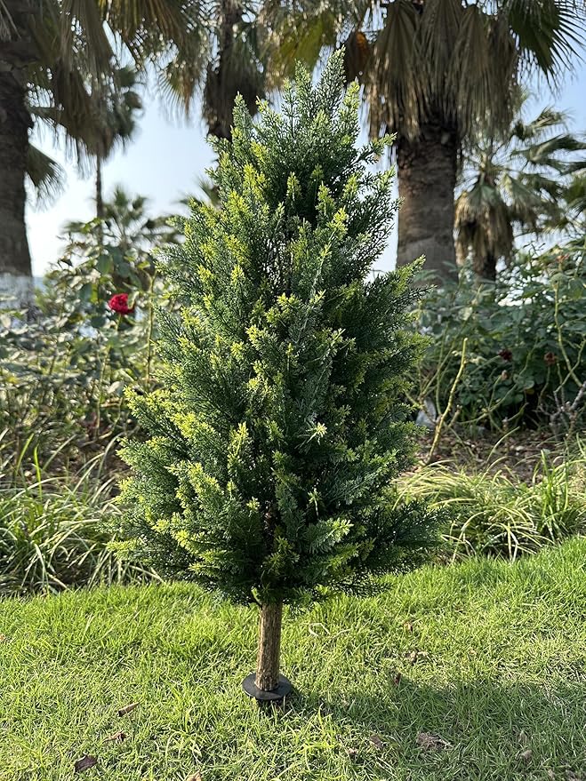 3FT Artificial Cedar Topiary Trees with Ground Spike Set of 2, UV Resistant Artificial Bushes Faux Cypress Trees for Indoor Outdoor Home Garden, Yard, Porch, Patio Decor (Normal)