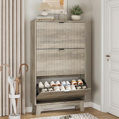 Shoe Cabinet with 3 Flip Drawers, 54" Tall Narrow Fluted Shoe Storage Organizer for Entryway, Hidden Slim Wooden Shoe Rack Cabinet for Front Door Entrance, Hallway, Living Room, Light Grey