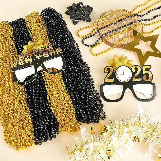 YAXINRUI 120 PCS Gold Black New Year Necklaces, New Year Bead Party Favors, Happy New Year Necklace, 33‘’ Gold Black Beaded Necklaces for 2026 New Years Eve Christmas Halloween Festive Events