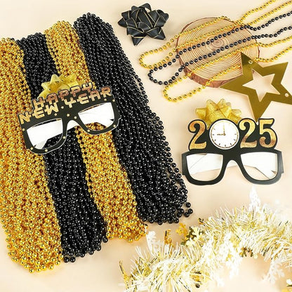 YAXINRUI 120 PCS Gold Black New Year Necklaces, New Year Bead Party Favors, Happy New Year Necklace, 33‘’ Gold Black Beaded Necklaces for 2026 New Years Eve Christmas Halloween Festive Events