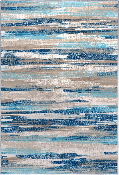 Modern Abstract 4x6 Living Room Washable Rug Non-Slip Soft Bedroom Area Rug Blue Thin Print Faux Wool Floor Carpet Throw Rugs for Nursery Playroom Dining Room Indoor Office Home Decor