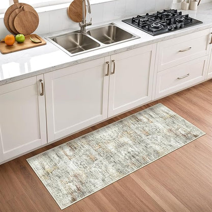 2x5 Rug Runner Washable for Entryway, Soft Bathroom Rugs with Non-Slip Backing, Abstract Low Pile Hallway Runner, Vintage Small Kitchen Carpet for Stair, Laundry Room(2'x5', Grey/Rust)