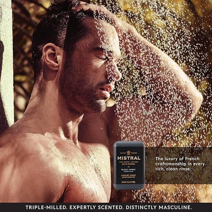 Mistral Black Amber Luxury Bar Soap for Men | Men’s Natural Soap Bar | Paraben, Phthalats Free | Moisturizing & Triple-Milled Natural Soap for Men - Made in France | Large, 8.8 oz