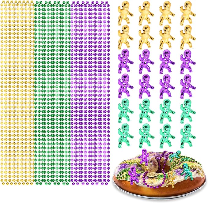 YAXINRUI Mardi Gras Beads Necklaces and King Cake Babies, Multi Colors 24Pcs Party Beads Necklaces + 24Pcs Mini Plastic Babies Mardi Gras Accessories for Mardi Gras Party, Party Favors