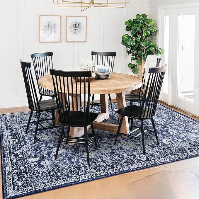 KILOCOCO Area Rug 6x9 Living Room Rug Washable Printed Vintage Floral Non Slip Soft Rubber Backed Indoor Bedroom Rugs for Laundry Room Kitchen Playroom Moroccan Area Rugs, Blue