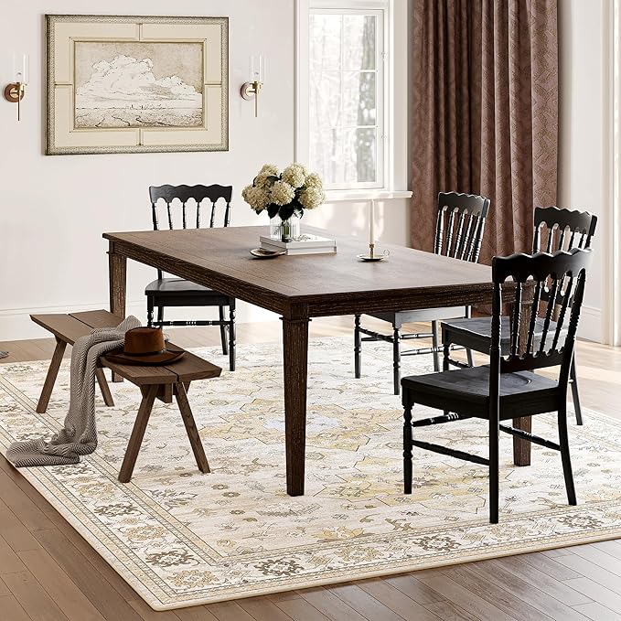 Large Rugs for Living Room, 8x10 Beige Washable Rug for Bedroom, Soft Boho Indoor Carpets, Big Modern Kids Room Rug, Non-Slip Low Pile Mat for Office Home Dining Room Christmas Decor,Beige/Gold