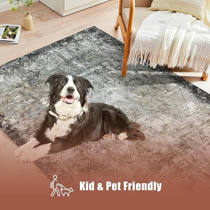 3' x 5 ' Washable Area Rug - Low Pile Soft Vintage Indoor Rug for Living, Dining or Bedroom - Lightweight Carpet with Non-Slip Backing - Foldable for Easy Placement, Blackish