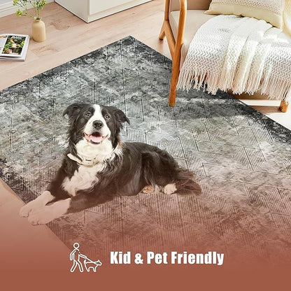 4' x 6' Washable Area Rug - Low Pile Soft Vintage Indoor Rug for Living, Dining or Bedroom - Lightweight Carpet with Non-Slip Backing - Foldable for Easy Placement, Blackish