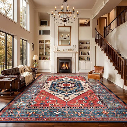 SERISSA 10x12 Area Rugs for Living Room, Large Washable Non-Slip Boho Rug, Ultra Soft Vintage Rust Oriental Tribal Print Distressed Carpet for Dining Room Bedroom Office Home Decor