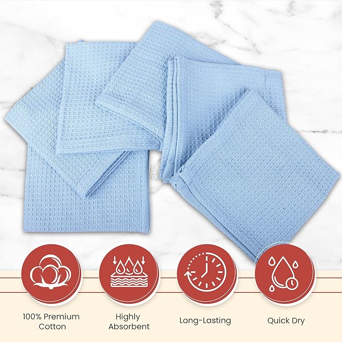 Vintage Vista 100% Cotton Waffle Dish Cloths (Pack of 6) - Dish Rags for Washing Dishes - Reusable & Highly Absorbent Kitchen Towels - Kitchen Rags for Christmas - (12" x 12" - Light Blue)
