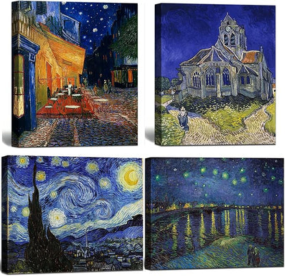 Vincent Van Gogh Canvas Wall Art - Starry Night Over The Rhone - Cafe Terrace At Night Paintings, Classic Artwork Pictures Poster Prints for Bathroom Living Room Office Decor