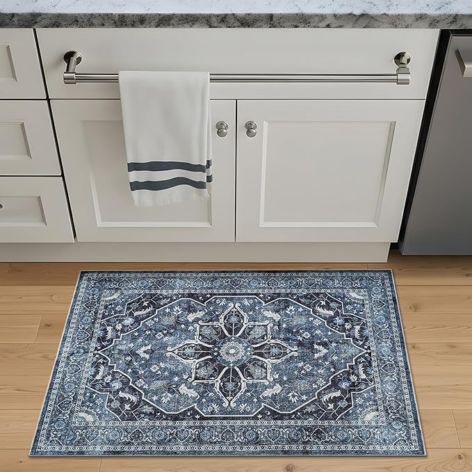 Bloom Rugs Washable Non-Slip 2x3 Rug - Blue/Charcoal Traditional Oriental Area Rug for Living Room, Bedroom, Dining Room, and Kitchen - Exact Size: 2' x 3'