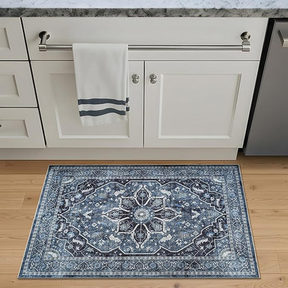 Bloom Rugs Washable Non-Slip 2x3 Rug - Blue/Charcoal Traditional Oriental Area Rug for Living Room, Bedroom, Dining Room, and Kitchen - Exact Size: 2' x 3'
