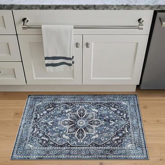 Bloom Rugs Washable Non-Slip 2x3 Rug - Blue/Charcoal Traditional Oriental Area Rug for Living Room, Bedroom, Dining Room, and Kitchen - Exact Size: 2' x 3'