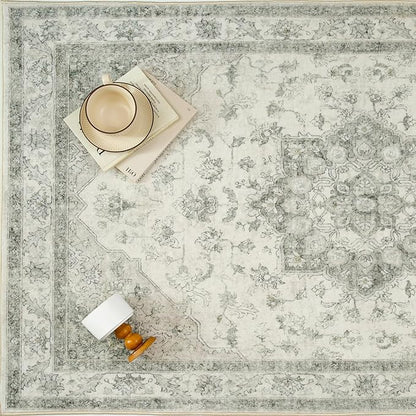 Green Runner Rug 2x6 Washable Vintage Carpet Hallway Kitchen Soft Retro Low Pile Thin Indoor Bedroom Non Slip Oriental Medallion Long Throw Rug for Bathroom Laundry Dining Room