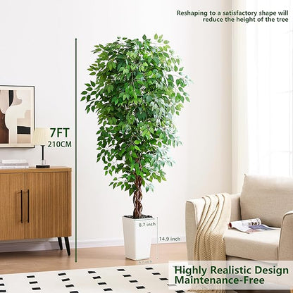 Artificial Ficus Tree 6FT Faux Plants Indoor Tall Fake Plants with White Tall Planter, Green Lifelike Lush Fake Ficus Tree for Home Living Room Bedroom Outdoor Balcony House Office Decor