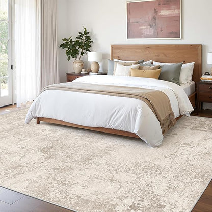 Art&Tuft Washable Rugs 9x12, Abstract Area Rugs 9x12 Living Room - Non Slip and Low Pile Soft Thin Rug for Bedroom, Dining Room, Kitchen, Office, Beige