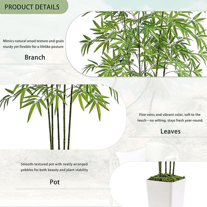 Artificial Bamboo Tree 5FT Tall Fake Plants Faux Bamboo Plant with White Tall Planter, Artificial Fake Trees Silk Plant with 5 Trunks and Lifelike Leaves for Home Office Indoor Outdoor Decor