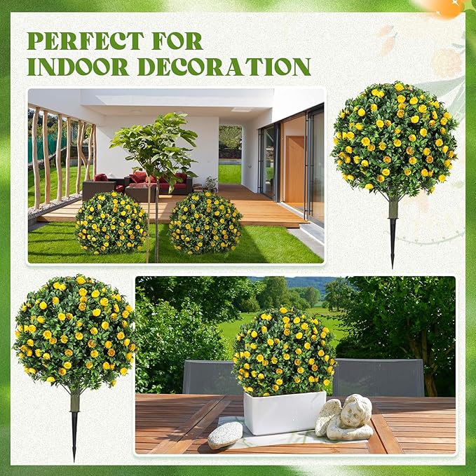 24 Artificial Topiary Ball Tree with Flower Set of 2,Outdoor Fake Topiary with Ground Spike,UV Resistant Faux Artificial Plant Bushes for Indoor Outdoor Front Porch Garden Decor(Yellow)