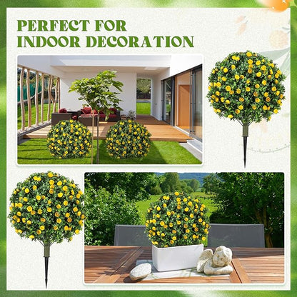 24 Artificial Topiary Ball Tree with Flower Set of 2,Outdoor Fake Topiary with Ground Spike,UV Resistant Faux Artificial Plant Bushes for Indoor Outdoor Front Porch Garden Decor(Yellow)