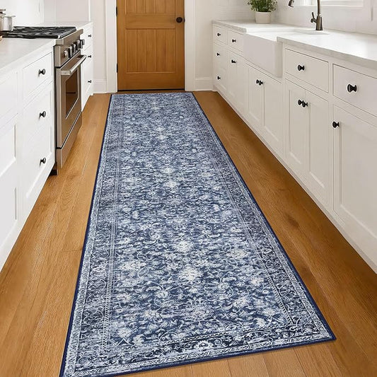 KILOCOCO Runner for Hallway 3x14 Runner Rug Printed Vintage Floral Washable Rug Kitchen Runners Soft Non-Slip Low Pile Hallway Runners Laundry Room Distressed Boho Rugs, Blue