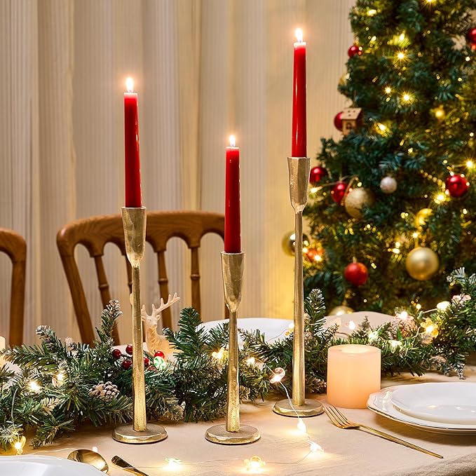 Cast Iron Taper Candle Holder Set of 3, Vintage Candlestick Holders Decorative Candle Stand, Tapered Candle Holders Tall Set for Wedding, Holiday, Home Decor, Christmas Decoration (Gold)