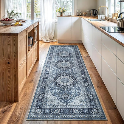 Bloom Rugs Caria Washable Non-Slip 10 ft Runner - Blue Traditional Runner for Entryway, Hallway, Bathroom, and Kitchen - Exact Size: 2'6" x 10'