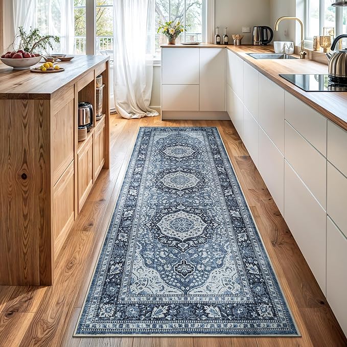 Bloom Rugs Caria Washable Non-Slip 12 ft Runner - Blue Traditional Runner for Entryway, Hallway, Bathroom, and Kitchen - Exact Size: 2'6" x 12'