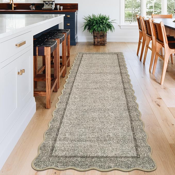 GarveeHome Scalloped Washable Runner Rug 2x6 Runner Non Slip Kitchen Rugs Modern Brown Entryway Rug Farmhouse Soft Bathroom Rugs Stain Resistant Carpet for Hallway Laundry Bedroom 2 ft x6 ft Brown