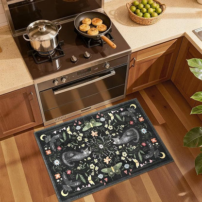 GarveeHome Cat Entryway Rug, 2x3 Mushroom Insect Black Washable Front Door Rug Indoor Entrance Floral Carpet Non-Slip Low Pile Throw Rugs for Kitchen Floor, Powder Room, Entry, Bathroom, Kids Room