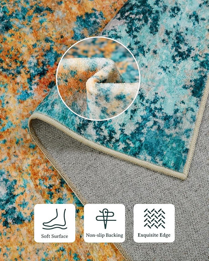 10x12 Area Rug for Living Room - Washable Abstract Rus Modern Neutral Soft Rug for Bedroom Dining Room No Slip Low Pile Carpet for Nursery Home Office - Teal/Orange