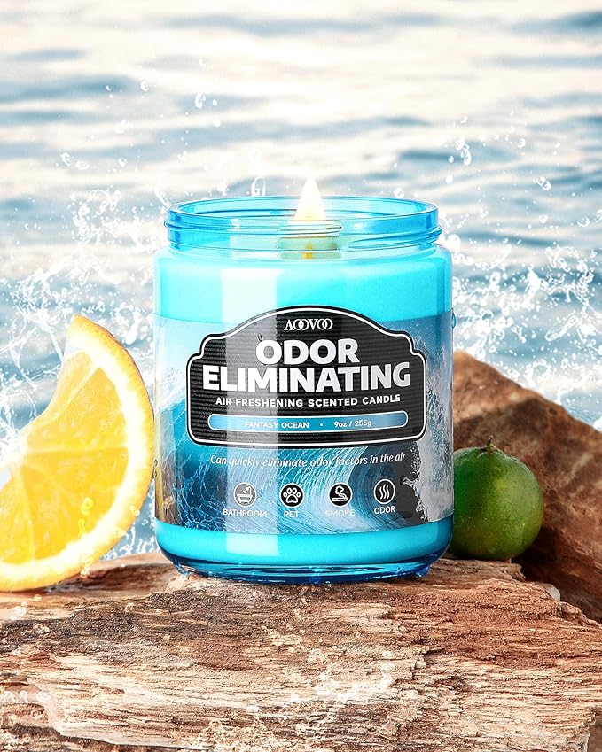 AOOVOO Ocean 2 Pack Odor Eliminating Highly Fragranced Candle - Eliminates 95% of Pet, Smoke, Food and Other Smells Quickly, Air Freshing Soy Candle, 18 oz Up to 100 Hours Burn time