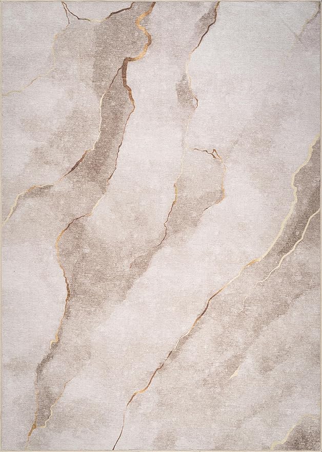 Bloom Rugs Washable Non-Slip 2x3 Rug - Ivory/Gold Modern Abstract Area Rug for Living Room, Bedroom, Dining Room, and Kitchen - Exact Size: 2' x 3'