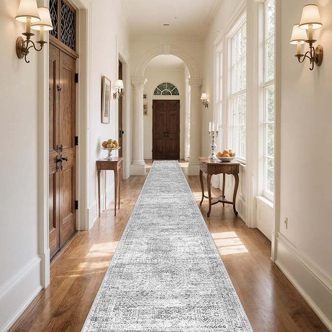 Washable Runner Rug 2.5x16, Non-Slip Long Hallway Runner for Entryway, Soft Vintage Kitchen Mats for Floor, Abstract Dining Room, Bedroom, Living Room Rugs(2.5'x16', Grey/Ivory)